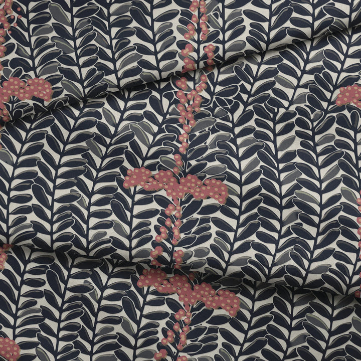 Navy 1918 leaf sprays with red berries on a beige ground: draped fabric fold preview.