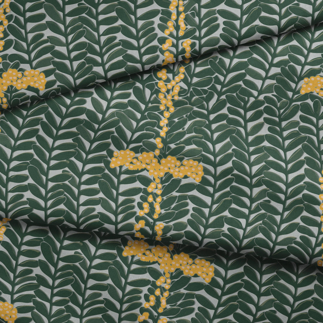 Dark green 1918 leaf sprays with yellow berries on a grey ground: draped fabric fold preview.