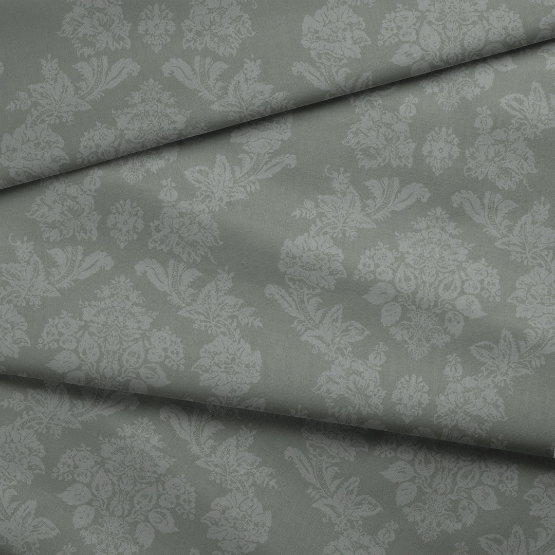 Grey-green early 20th century tone-on-tone brocade bouquets: draped fabric fold preview.