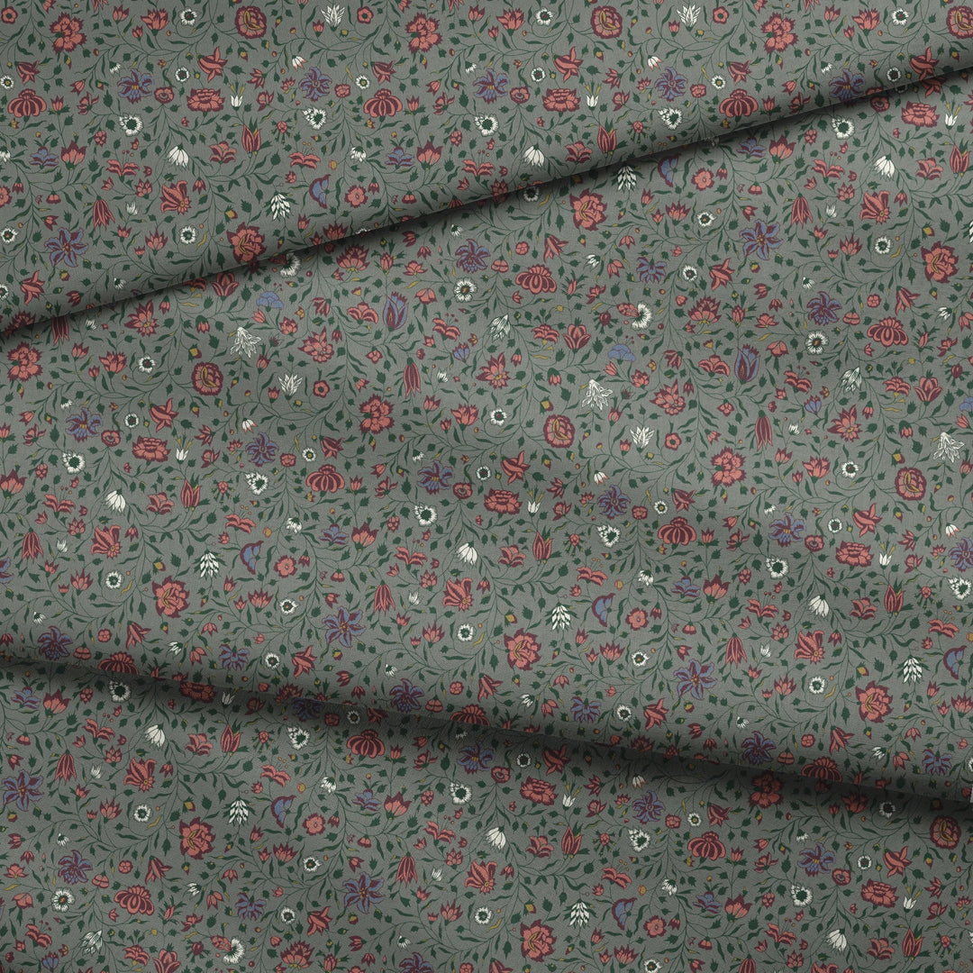 Dark purple 18th century Indian chintz vine on a grey-green ground: draped fabric fold preview.