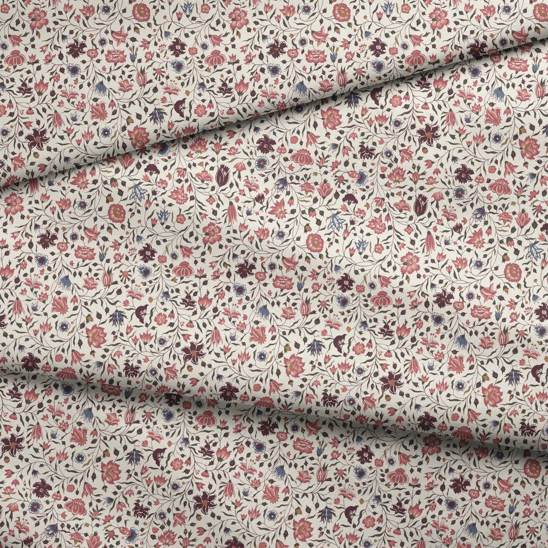 Red 18th century Indian chintz vine on a white ground: draped fabric fold preview.