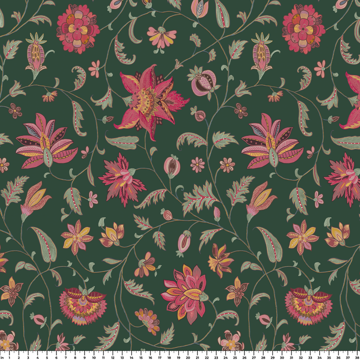Red and gold florals on a dark green ground measurement scale view for fabric by the yard.