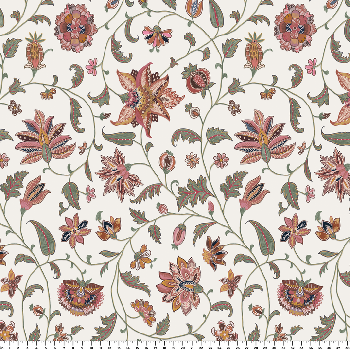 Red and navy floral vines on a white ground measurement scale view for fabric by the yard.