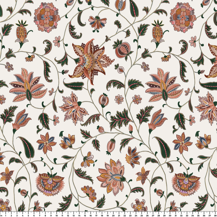 Orange and green floral vines on a white ground measurement scale view for fabric by the yard.