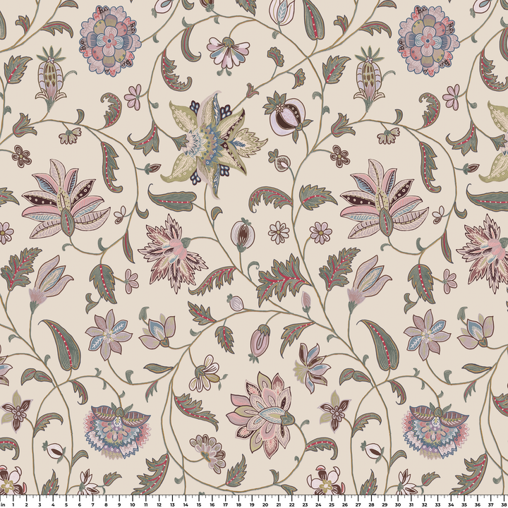 Pale pink floral vines on a grey ground measurement scale view for fabric by the yard.