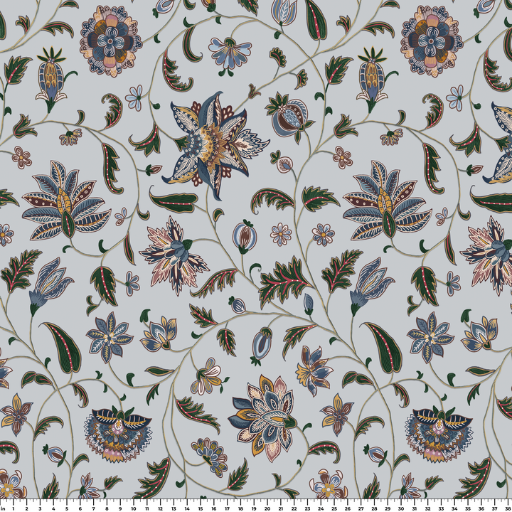 Navy floral vines on a grey ground measurement scale view for fabric by the yard.