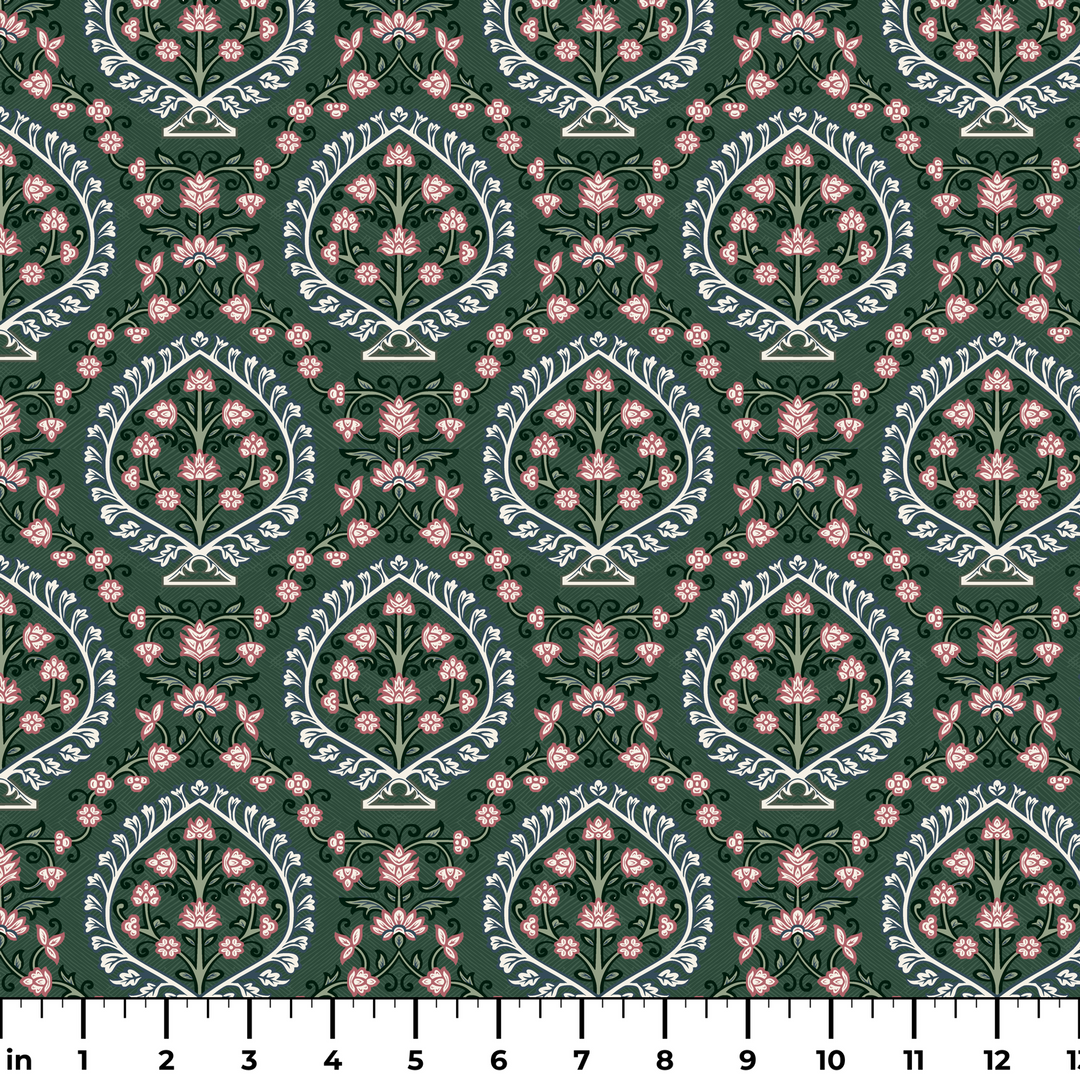 Varanasi Medallion in Forest Floor and Ivory — rose-pink flowers inside pale pointed medallions on a deep green ground ruler