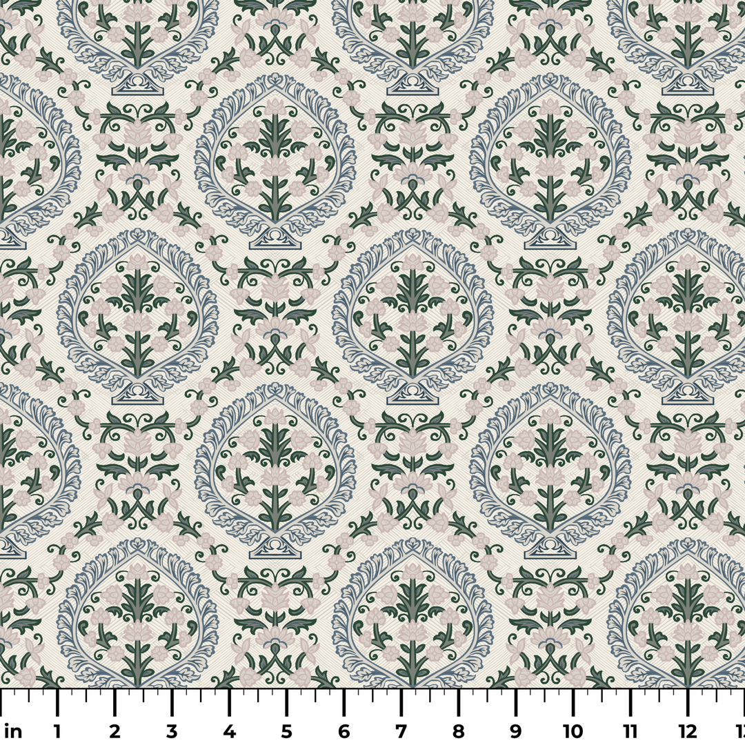 Varanasi Medallion in Ivory and Linen — slate-blue pointed medallions enclosing flowering plants on a near-white ground ruler