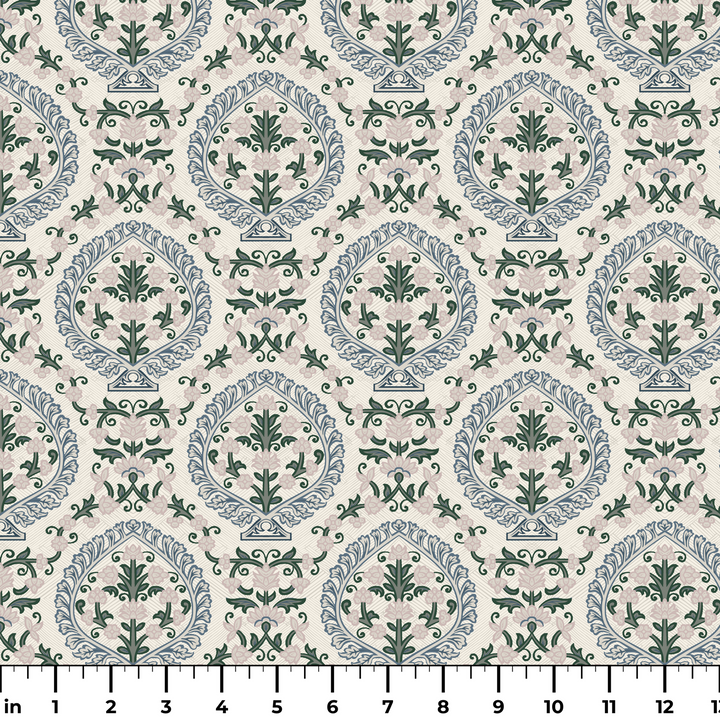 Varanasi Medallion in Ivory and Linen — slate-blue pointed medallions enclosing flowering plants on a near-white ground ruler