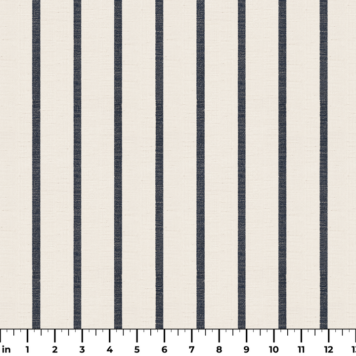 Navy woven-texture pencil stripe on a white ground: measurement scale view for fabric by the yard.