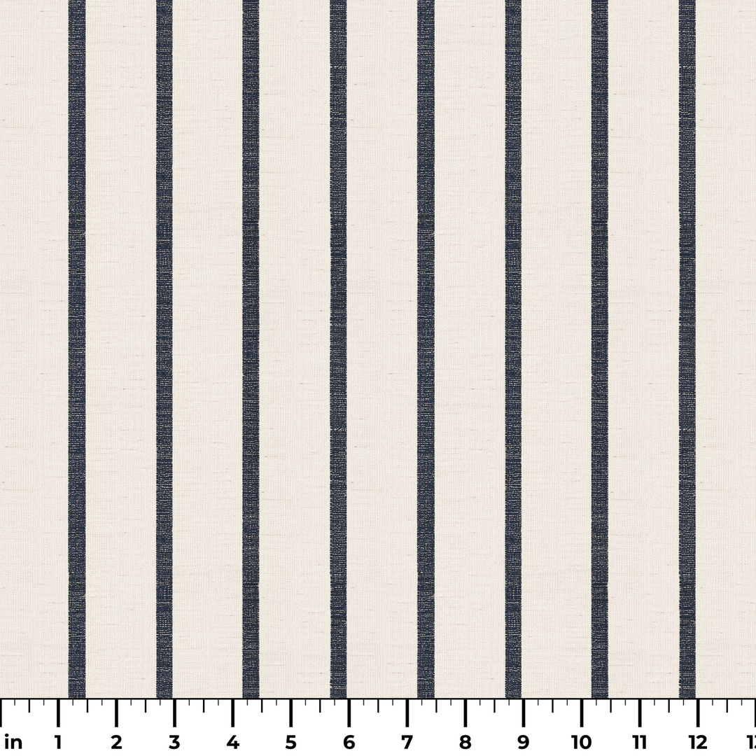 Navy woven-texture pencil stripe on a white ground: measurement scale view for fabric by the yard.