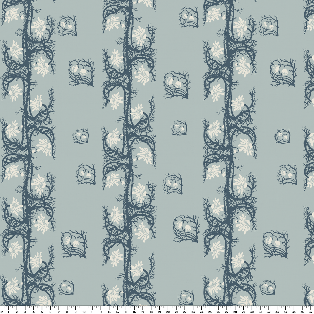 Marguerite in mist and slate: spined, entwined stems forming vertical channels around massed daisy heads, translated from a c. 1904 Dutch linen damask finger towel by Cornelis van der Sluys. ruler