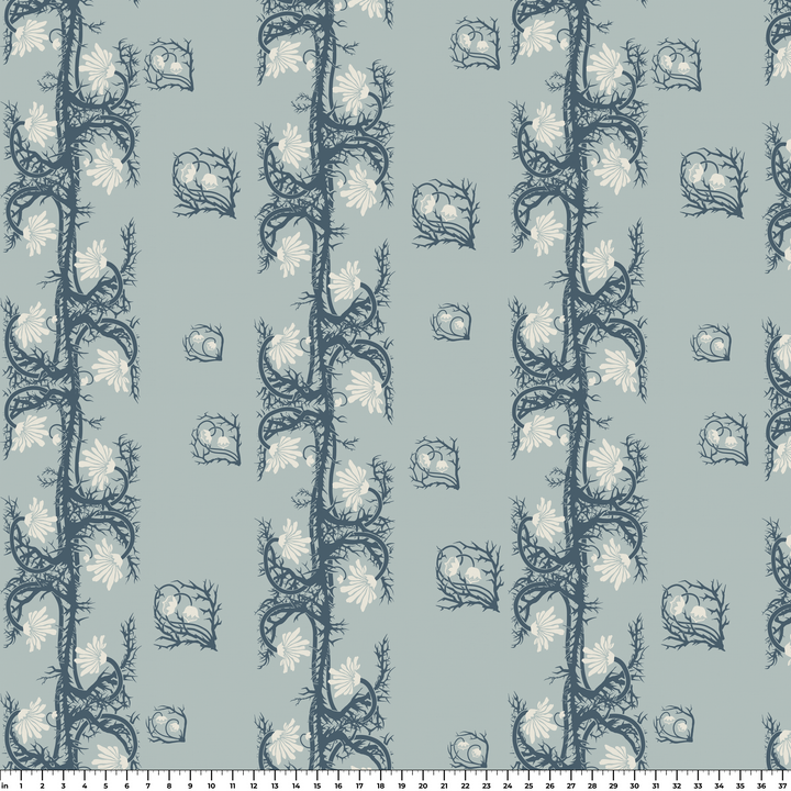 Marguerite in mist and slate: spined, entwined stems forming vertical channels around massed daisy heads, translated from a c. 1904 Dutch linen damask finger towel by Cornelis van der Sluys. ruler