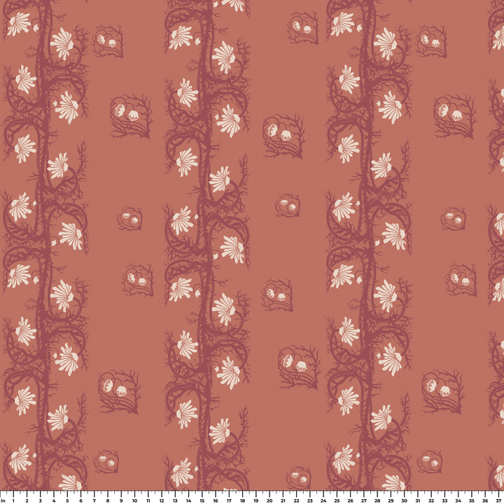 Marguerite in terracotta and pomegranate: spined, entwined stems forming vertical channels around massed daisy heads, translated from a c. 1904 Dutch linen damask finger towel by Cornelis van der Sluys. ruler