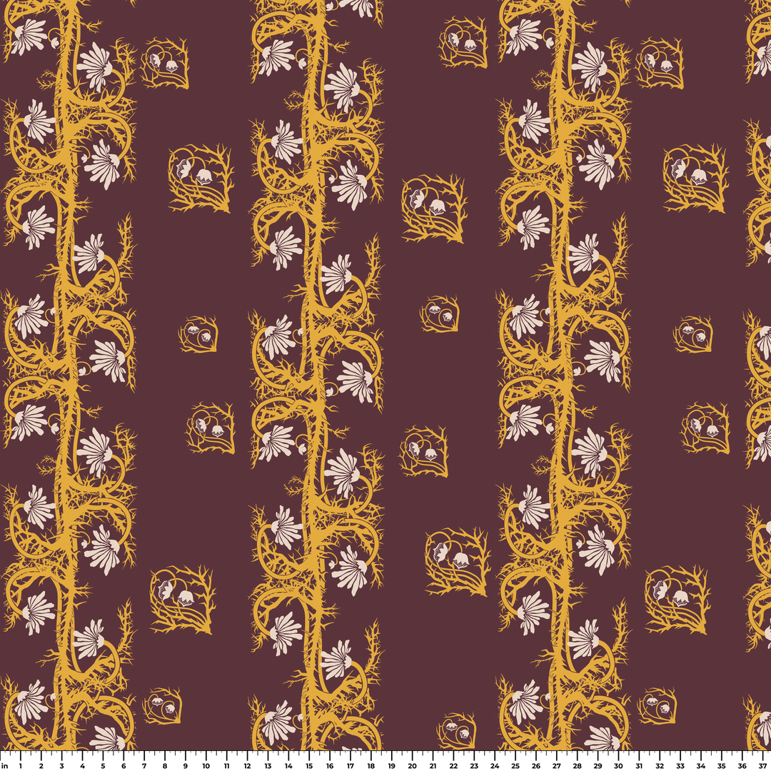 Marguerite in blackcurrant and marigold: spined, entwined stems forming vertical channels around massed daisy heads, translated from a c. 1904 Dutch linen damask finger towel by Cornelis van der Sluys. ruler