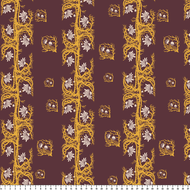 Marguerite in blackcurrant and marigold: spined, entwined stems forming vertical channels around massed daisy heads, translated from a c. 1904 Dutch linen damask finger towel by Cornelis van der Sluys. ruler