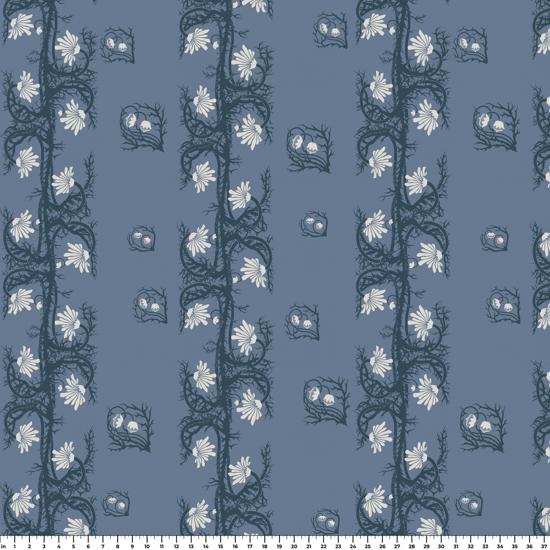 Marguerite in dusty blue and slate: spined, entwined stems forming vertical channels around massed daisy heads, translated from a c. 1904 Dutch linen damask finger towel by Cornelis van der Sluys. ruler