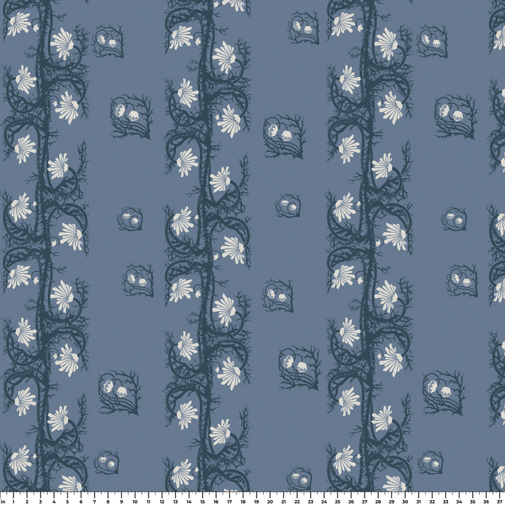 Marguerite in dusty blue and slate: spined, entwined stems forming vertical channels around massed daisy heads, translated from a c. 1904 Dutch linen damask finger towel by Cornelis van der Sluys. ruler