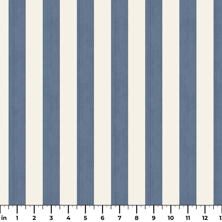 Greyed blue and ivory 19th century equal-width stripe, blue striated: measurement scale view for fabric by the yard.