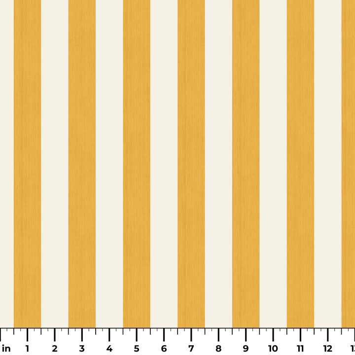 Marigold and ivory 19th century equal-width stripe, yellow striated: measurement scale view for fabric by the yard.