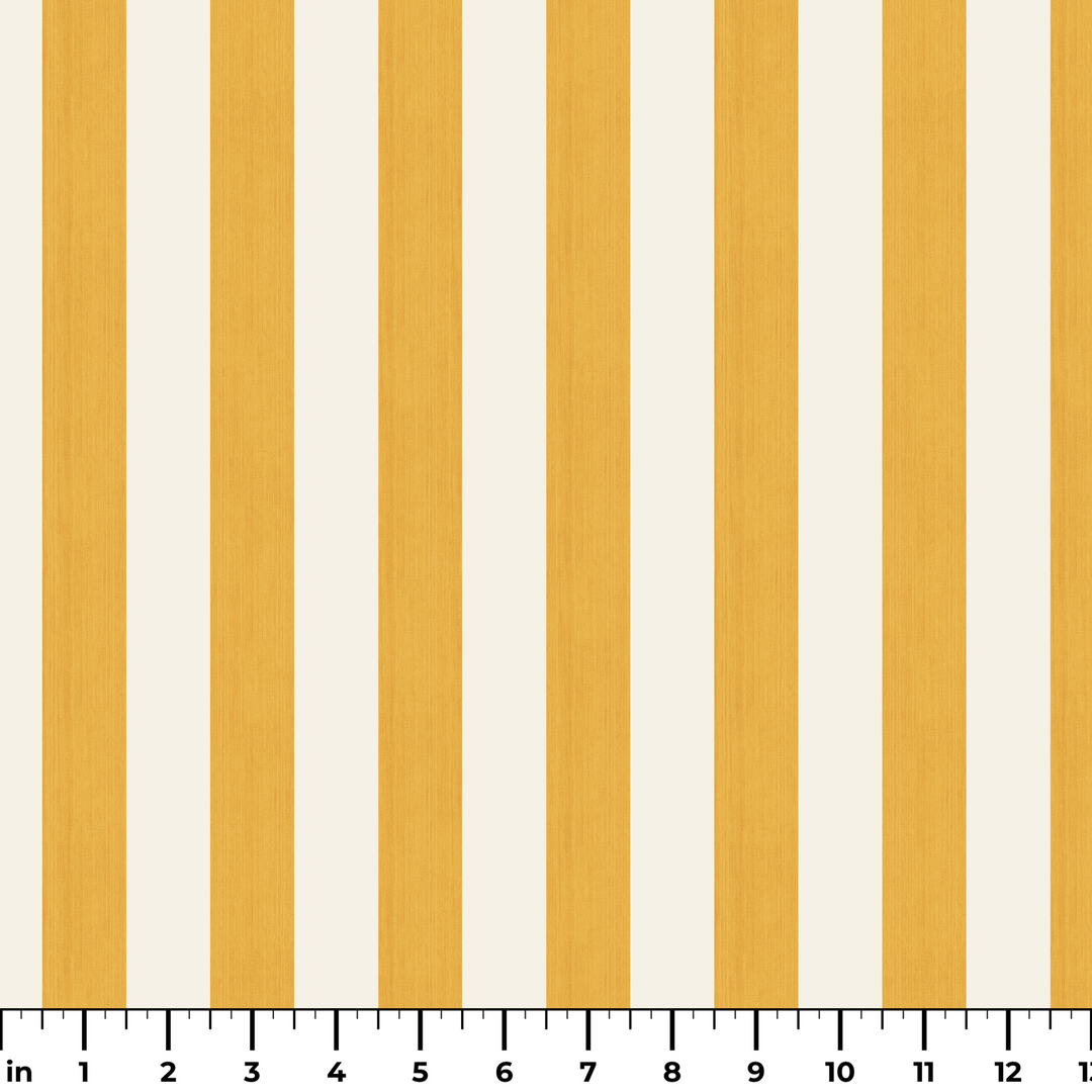 Marigold and ivory 19th century equal-width stripe, yellow striated: measurement scale view for fabric by the yard.