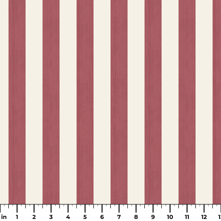 Dusty red and ivory 19th century equal-width stripe, red striated: measurement scale view for fabric by the yard.