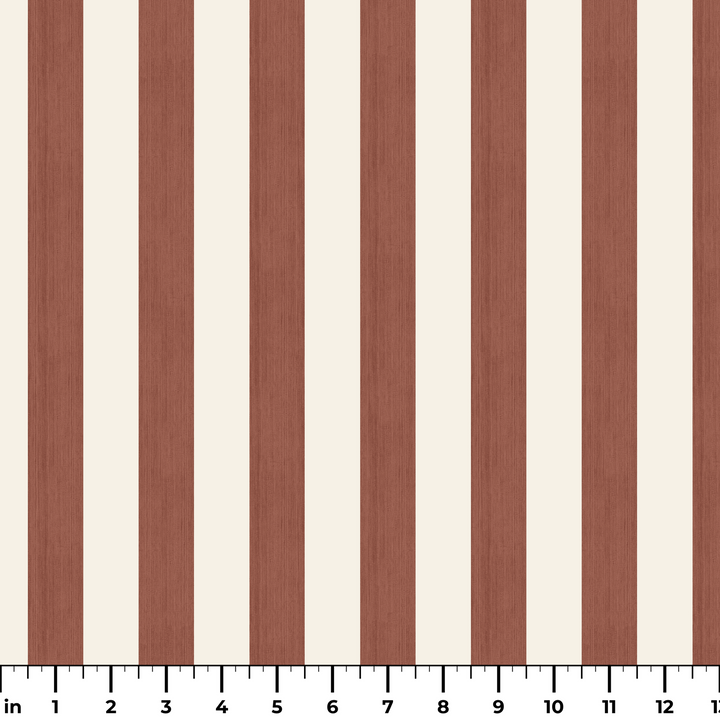 Warm brown and ivory 19th century equal-width stripe, brown striated: measurement scale view for fabric by the yard.