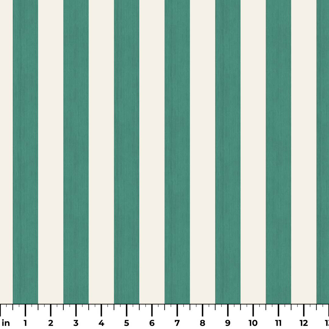 Blue-green and ivory 19th century equal-width stripe, green striated: measurement scale view for fabric by the yard.