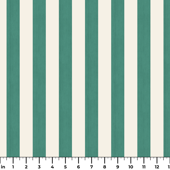 Blue-green and ivory 19th century equal-width stripe, green striated: measurement scale view for fabric by the yard.