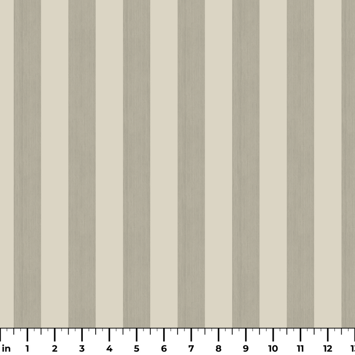 Warm greige 19th century equal-width stripe, deeper bands striated: measurement scale view for fabric by the yard.