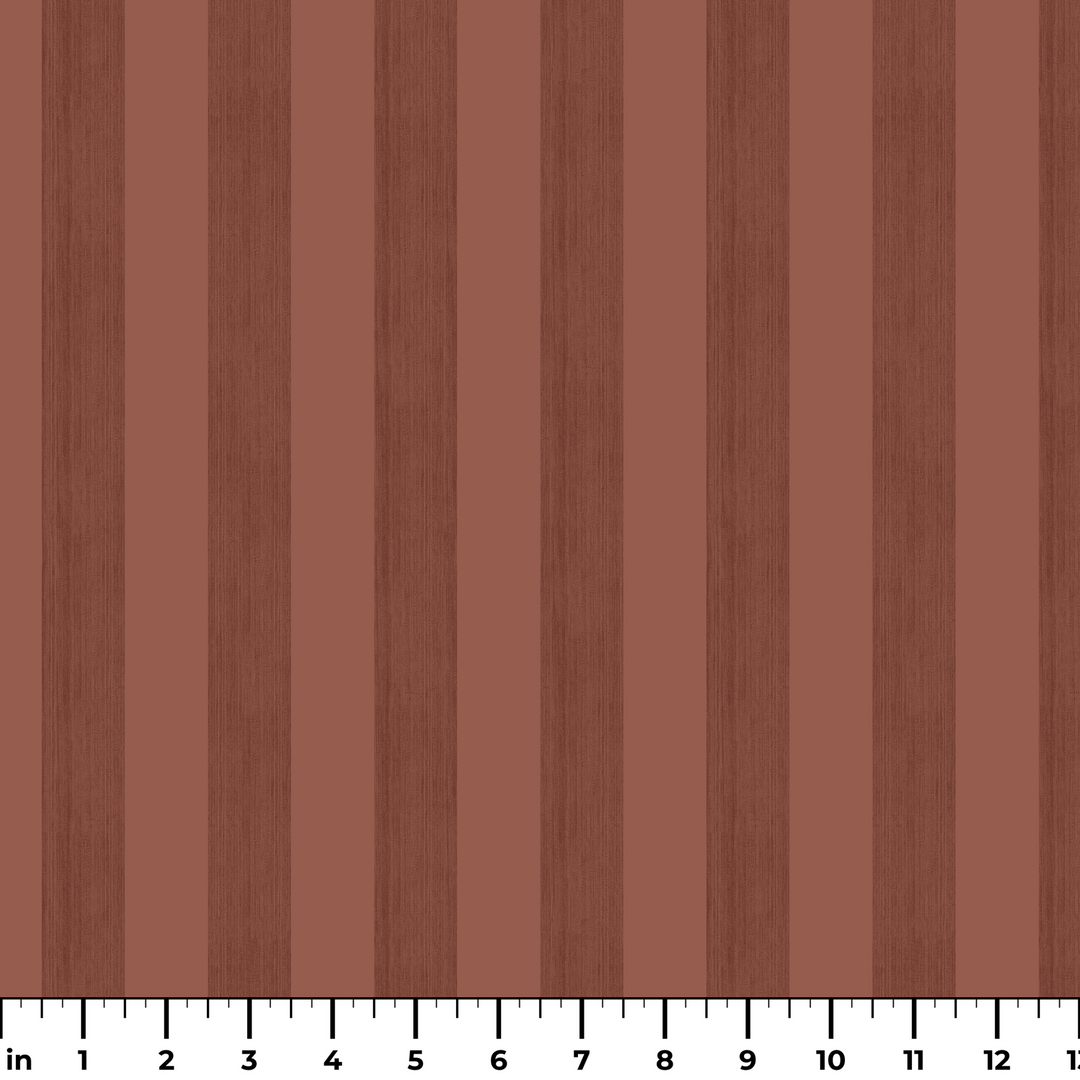 Warm brown 19th century equal-width stripe, darker bands striated: measurement scale view for fabric by the yard.