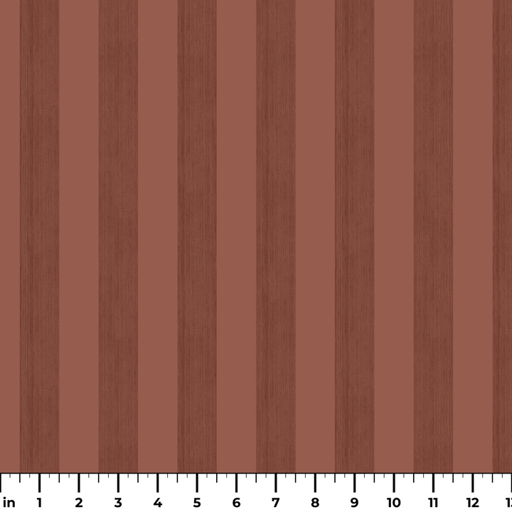 Warm brown 19th century equal-width stripe, darker bands striated: measurement scale view for fabric by the yard.
