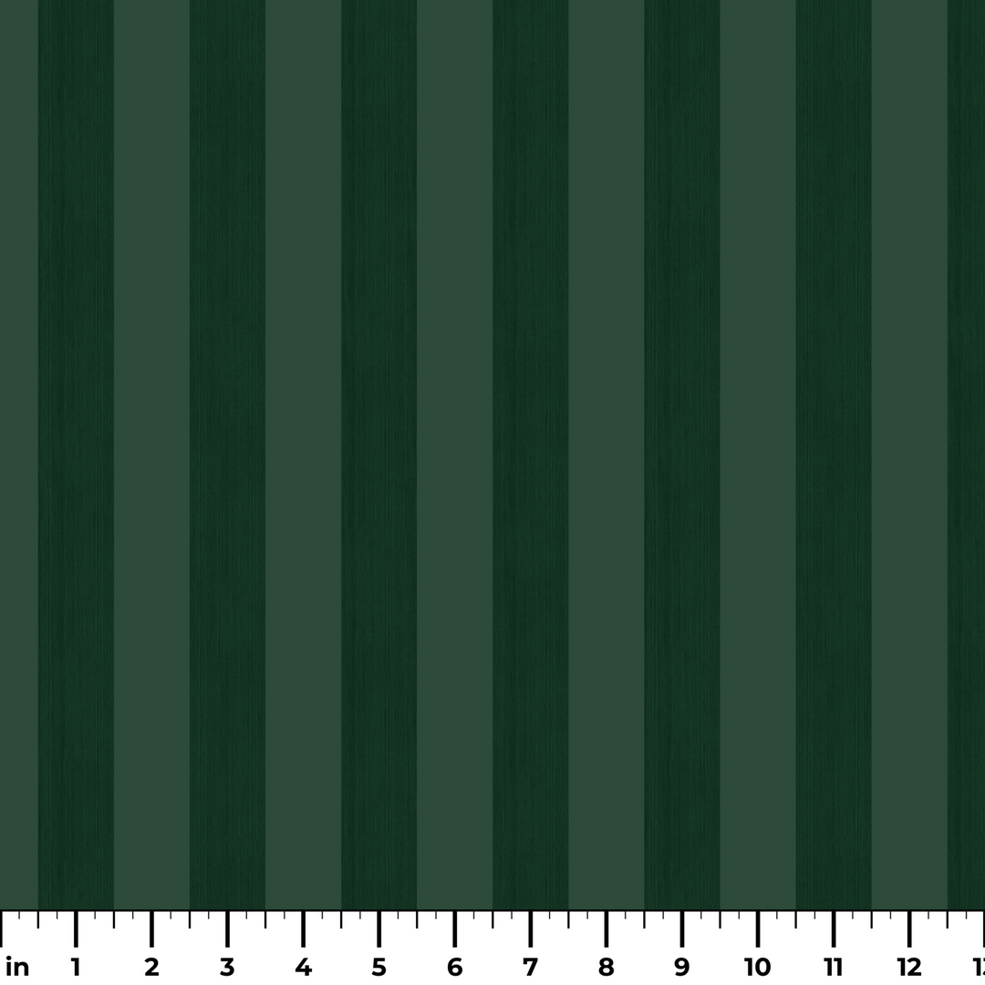 Deep green 19th century equal-width stripe, darker bands striated: measurement scale view for fabric by the yard.