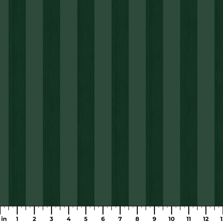 Deep green 19th century equal-width stripe, darker bands striated: measurement scale view for fabric by the yard.