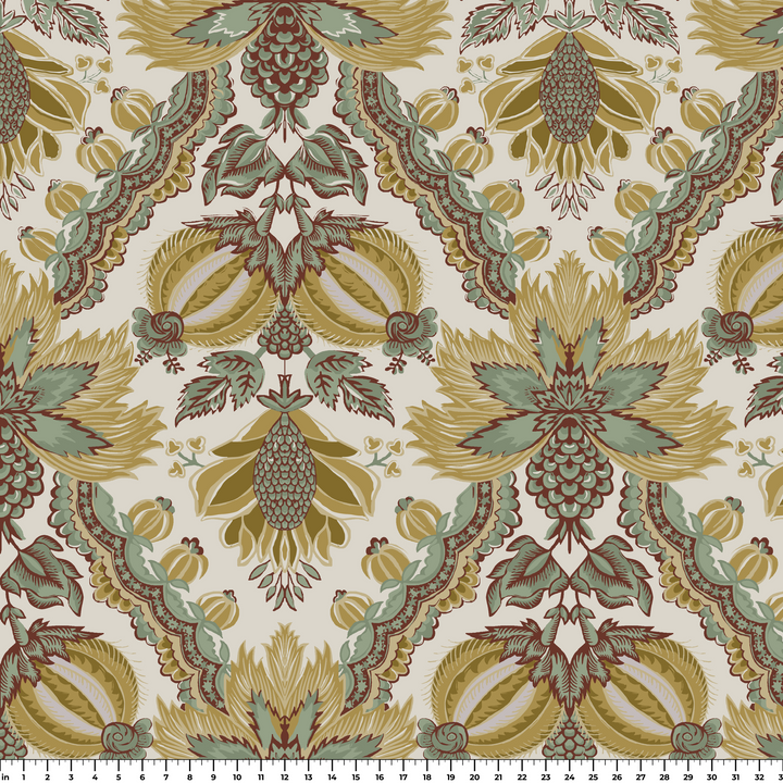 Flowering Pomegranate in linen and honey: an ogee lattice of lace borders framing a blossom held between two swelling pomegranates, translated from an 18th-century French block-printed quilt. ruler