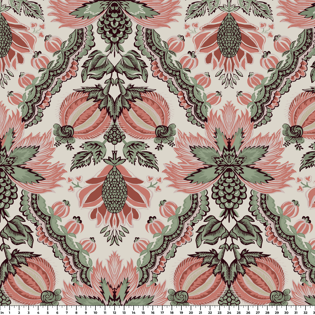 Flowering Pomegranate in linen and terracotta: an ogee lattice of lace borders framing a blossom held between two swelling pomegranates, translated from an 18th-century French block-printed quilt. ruler