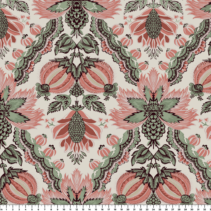 Flowering Pomegranate in linen and terracotta: an ogee lattice of lace borders framing a blossom held between two swelling pomegranates, translated from an 18th-century French block-printed quilt. ruler