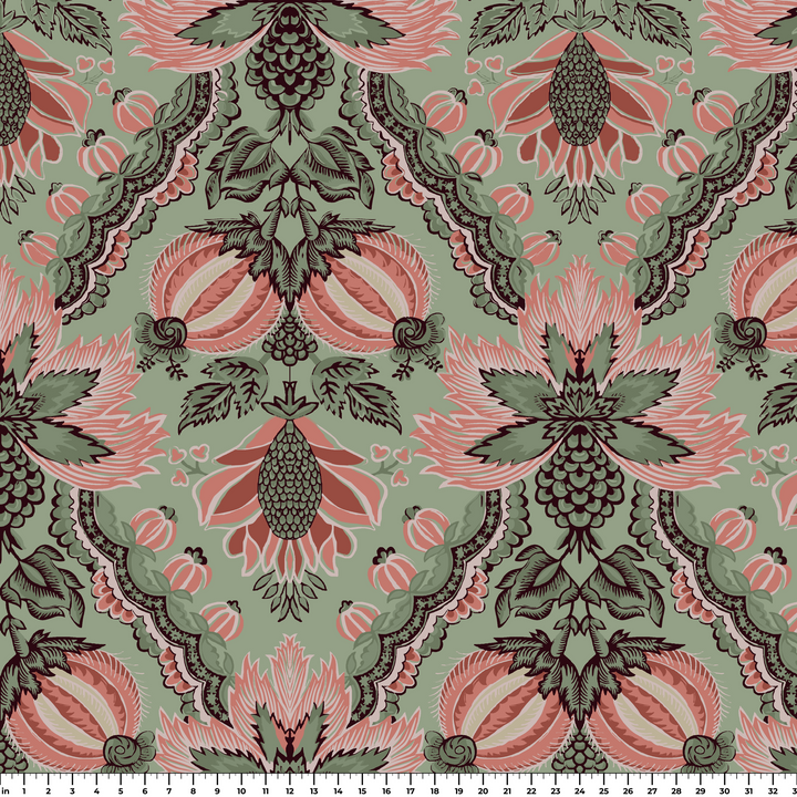 Flowering Pomegranate in eucalyptus and terracotta: an ogee lattice of lace borders framing a blossom held between two swelling pomegranates, translated from an 18th-century French block-printed quilt. ruler