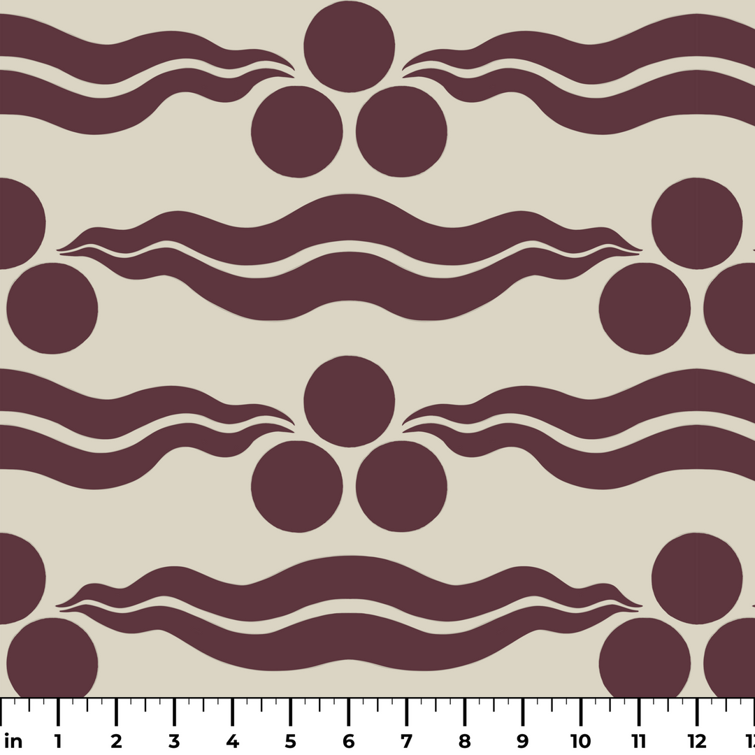 Chintamani Tiger in sandstone and blackcurrant: triple-disc chintamani roundels above paired wave bands, translated from a 15th-century Bursa silk velvet at The Metropolitan Museum of Art. ruler