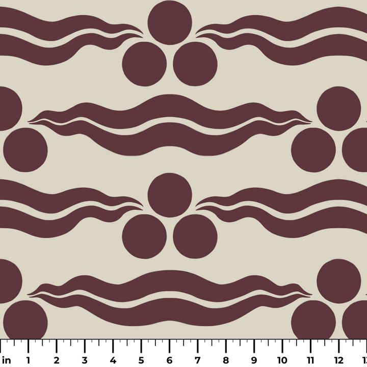 Chintamani Tiger in sandstone and blackcurrant: triple-disc chintamani roundels above paired wave bands, translated from a 15th-century Bursa silk velvet at The Metropolitan Museum of Art. ruler