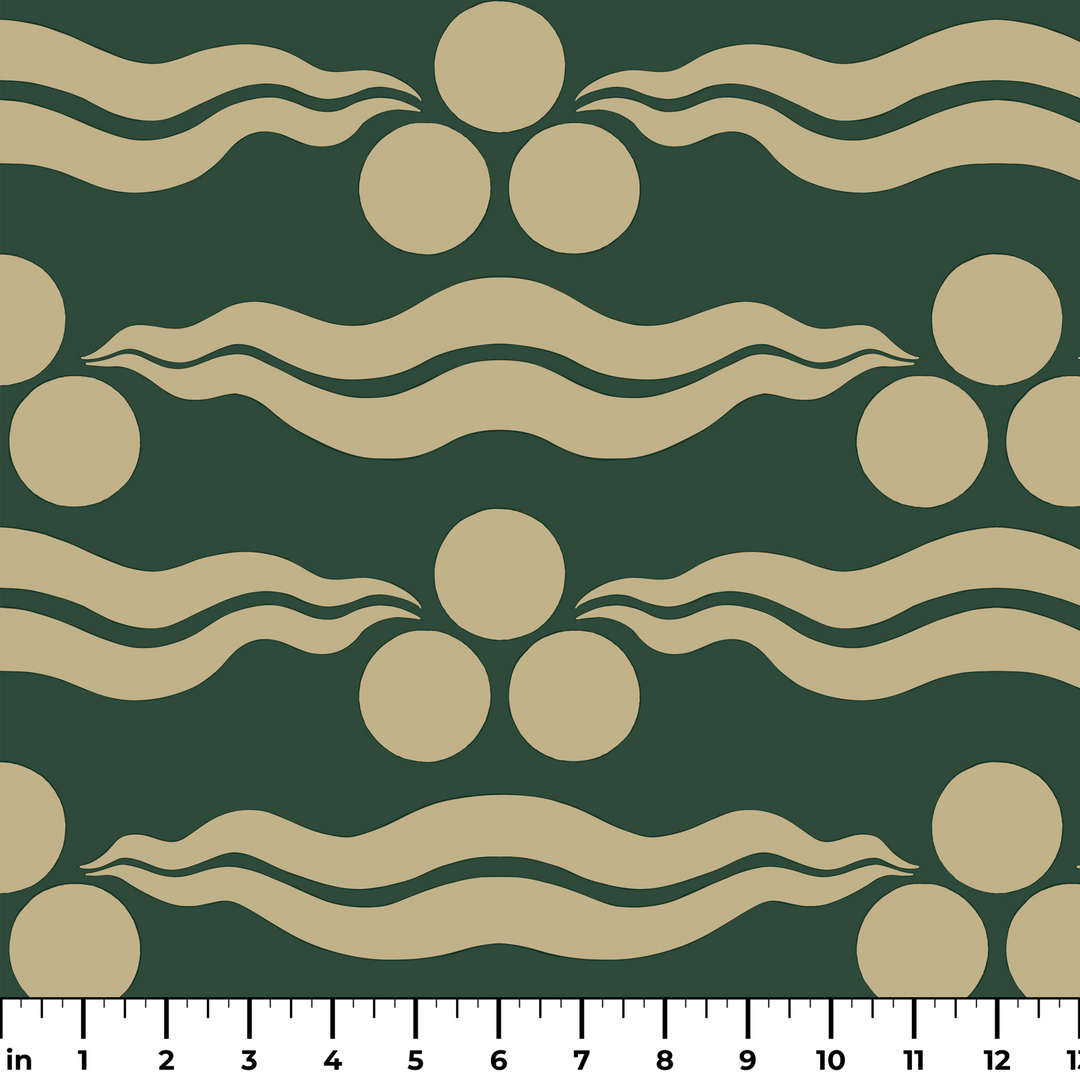 Chintamani Tiger in forest floor and flax: triple-disc chintamani roundels above paired wave bands, translated from a 15th-century Bursa silk velvet at The Metropolitan Museum of Art. ruler