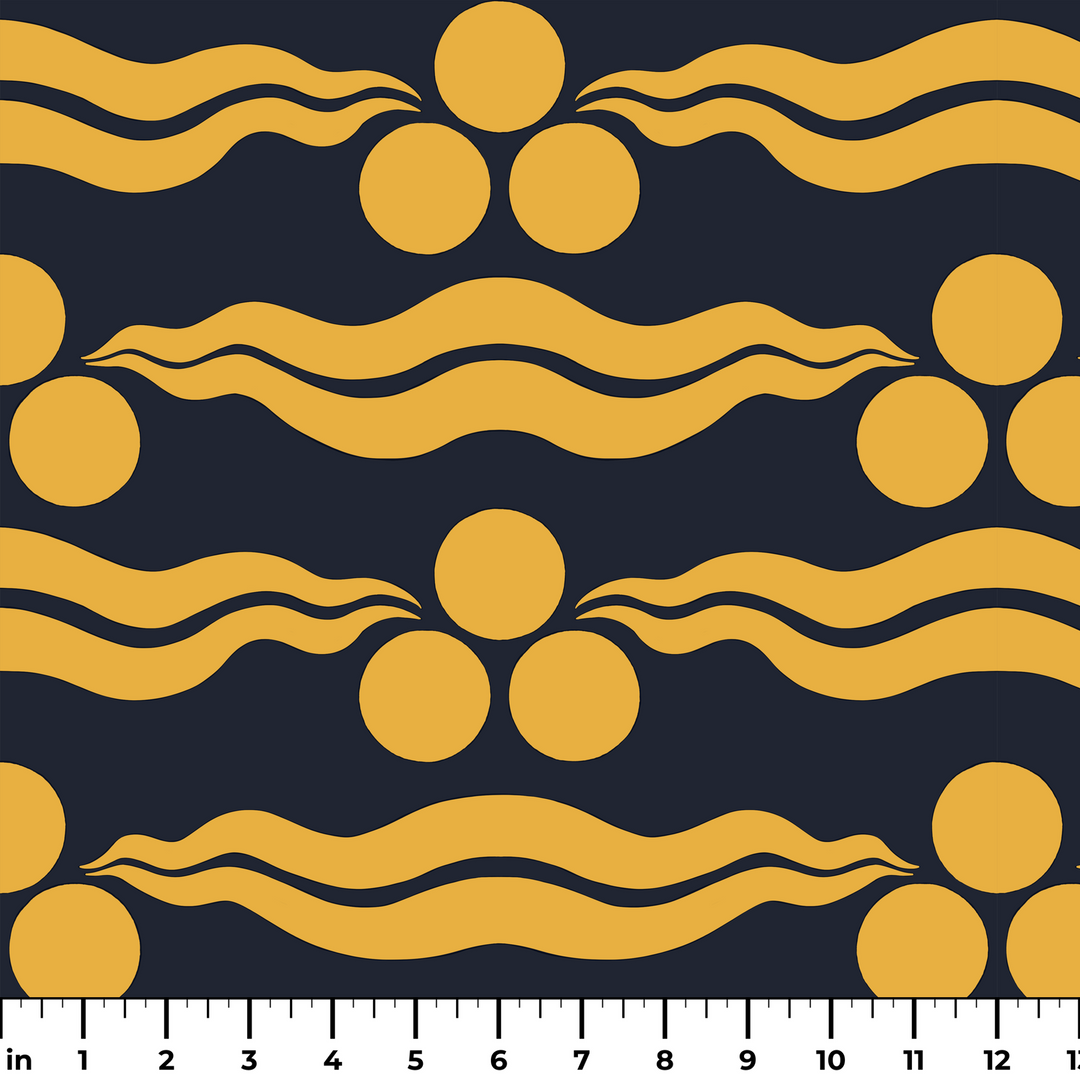 Chintamani Tiger in indigo and marigold: triple-disc chintamani roundels above paired wave bands, translated from a 15th-century Bursa silk velvet at The Metropolitan Museum of Art. ruler