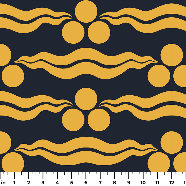Chintamani Tiger in indigo and marigold: triple-disc chintamani roundels above paired wave bands, translated from a 15th-century Bursa silk velvet at The Metropolitan Museum of Art. ruler