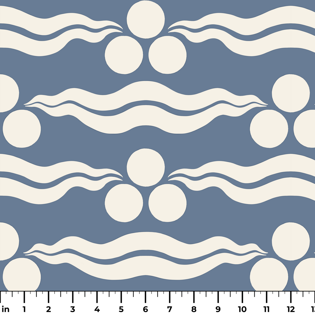 Chintamani Tiger in dusty blue and ivory: triple-disc chintamani roundels above paired wave bands, translated from a 15th-century Bursa silk velvet at The Metropolitan Museum of Art. ruler