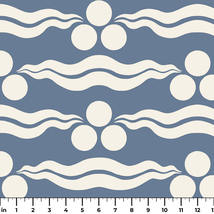 Chintamani Tiger in dusty blue and ivory: triple-disc chintamani roundels above paired wave bands, translated from a 15th-century Bursa silk velvet at The Metropolitan Museum of Art. ruler
