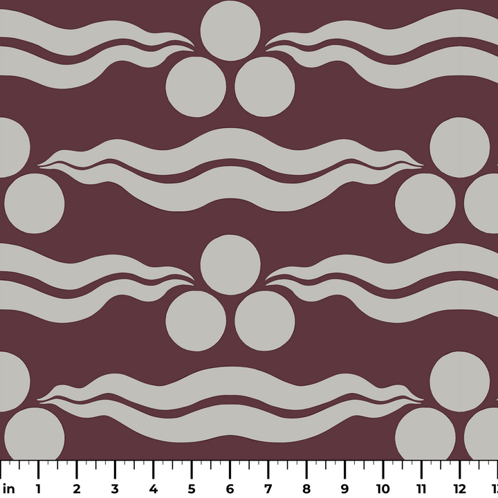 Chintamani Tiger in blackcurrant and travertine: triple-disc chintamani roundels above paired wave bands, translated from a 15th-century Bursa silk velvet at The Metropolitan Museum of Art. ruler