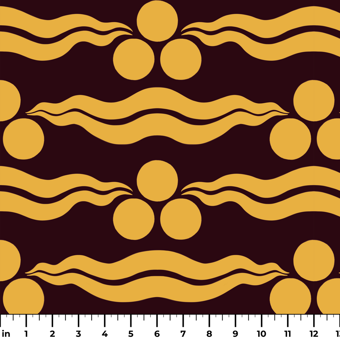 Chintamani Tiger in blackcurrant and marigold: triple-disc chintamani roundels above paired wave bands, translated from a 15th-century Bursa silk velvet at The Metropolitan Museum of Art. ruler