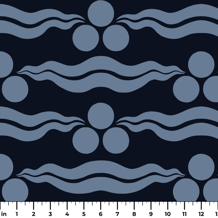 Chintamani Tiger in indigo and dusty blue: triple-disc chintamani roundels above paired wave bands, translated from a 15th-century Bursa silk velvet at The Metropolitan Museum of Art. ruler