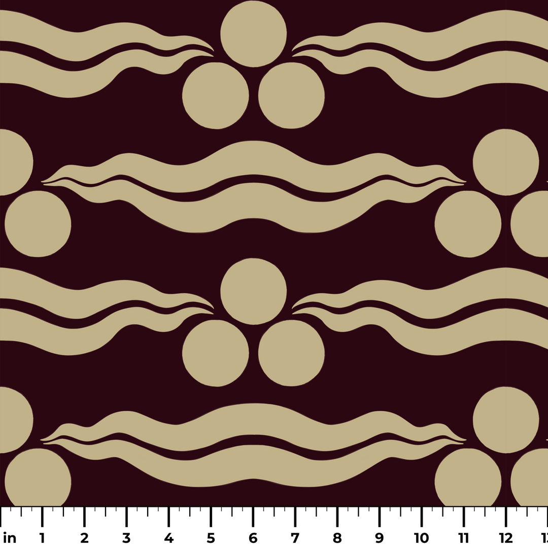Chintamani Tiger in blackcurrant and flax: triple-disc chintamani roundels above paired wave bands, translated from a 15th-century Bursa silk velvet at The Metropolitan Museum of Art. ruler