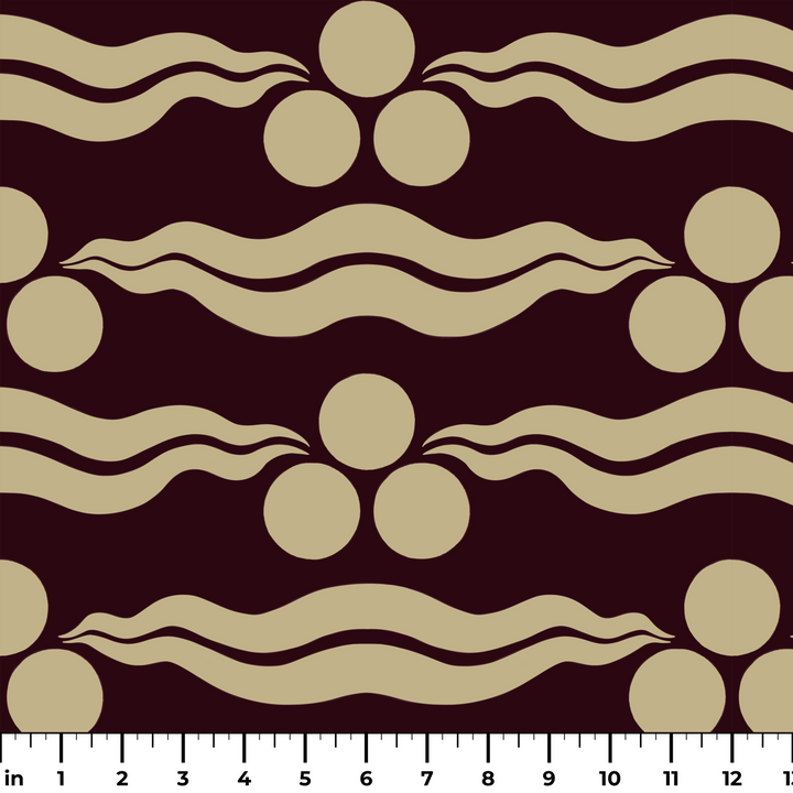 Chintamani Tiger in blackcurrant and flax: triple-disc chintamani roundels above paired wave bands, translated from a 15th-century Bursa silk velvet at The Metropolitan Museum of Art. ruler